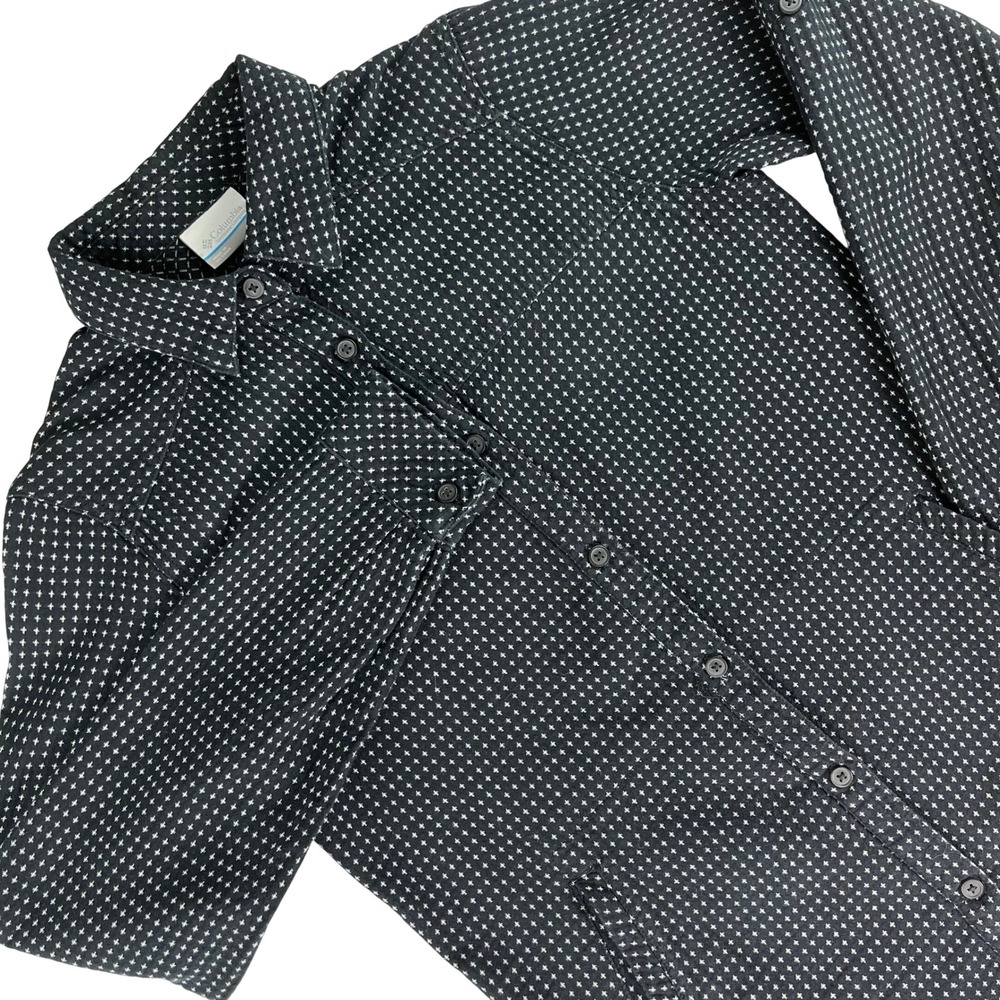 Columbia Women's Hiking Shirt XS Black‎ White Print Roll Tab Long Sleeve Cotton